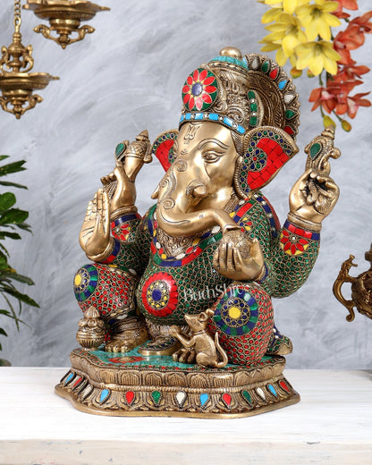 Pure Brass Lord Ganesha Statue with Stonework 15.5 inch - Budhshiv.com