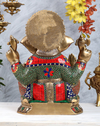 Pure Brass Lord Ganesha Statue with Stonework 15.5 inch - Budhshiv.com