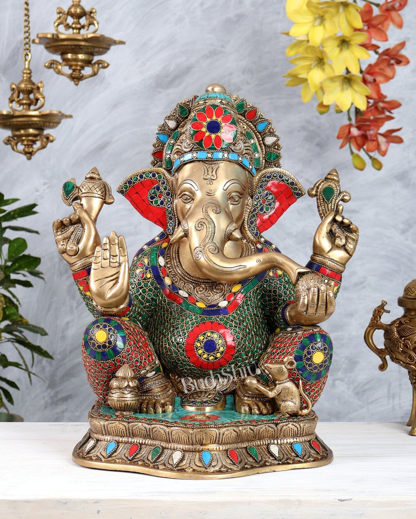 Pure Brass Lord Ganesha Statue with Stonework 15.5 inch - Budhshiv.com