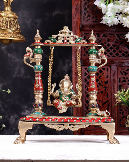 Pure Brass Lord Ganesha Swing (Jhoola) home decor statue 13 inch - Budhshiv.com