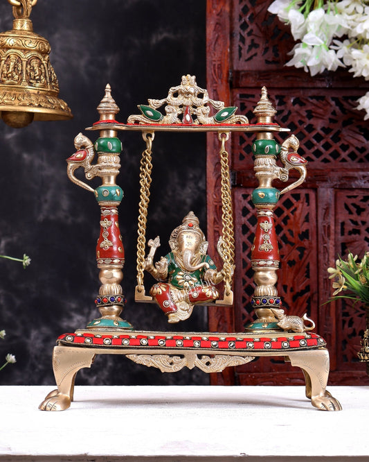 Pure Brass Lord Ganesha Swing (Jhoola) home decor statue 13 inch - Budhshiv.com