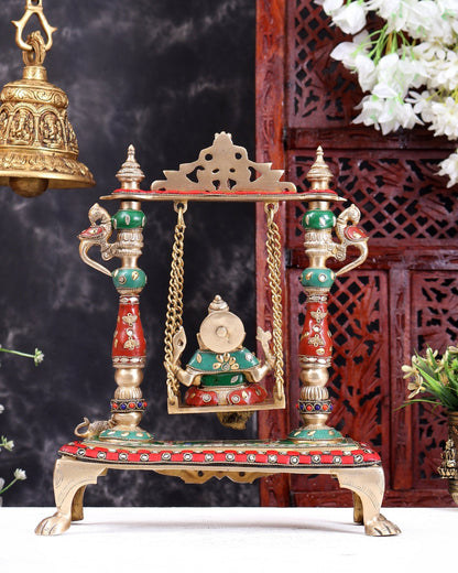Pure Brass Lord Ganesha Swing (Jhoola) home decor statue 13 inch - Budhshiv.com