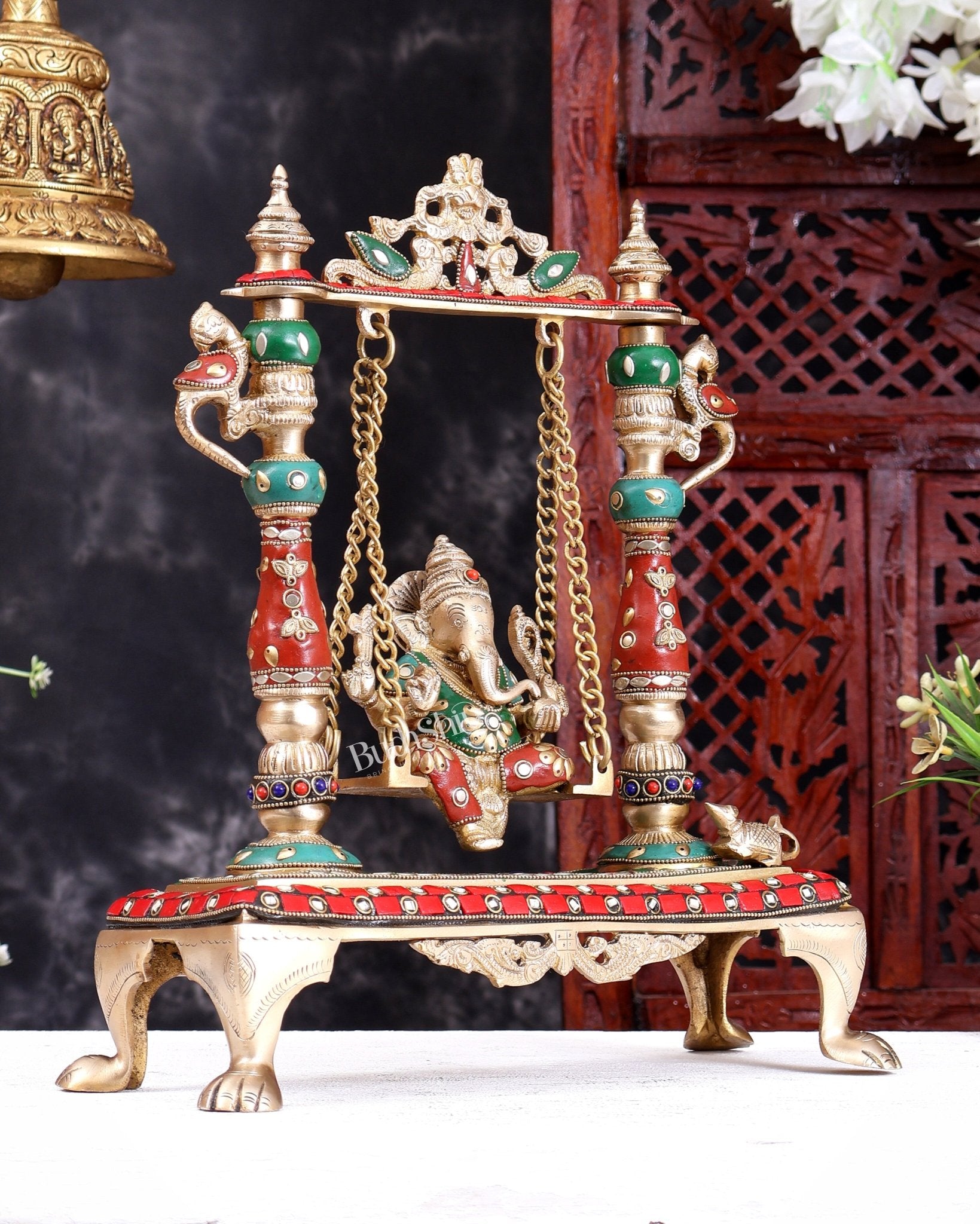Pure Brass Lord Ganesha Swing (Jhoola) home decor statue 13 inch - Budhshiv.com