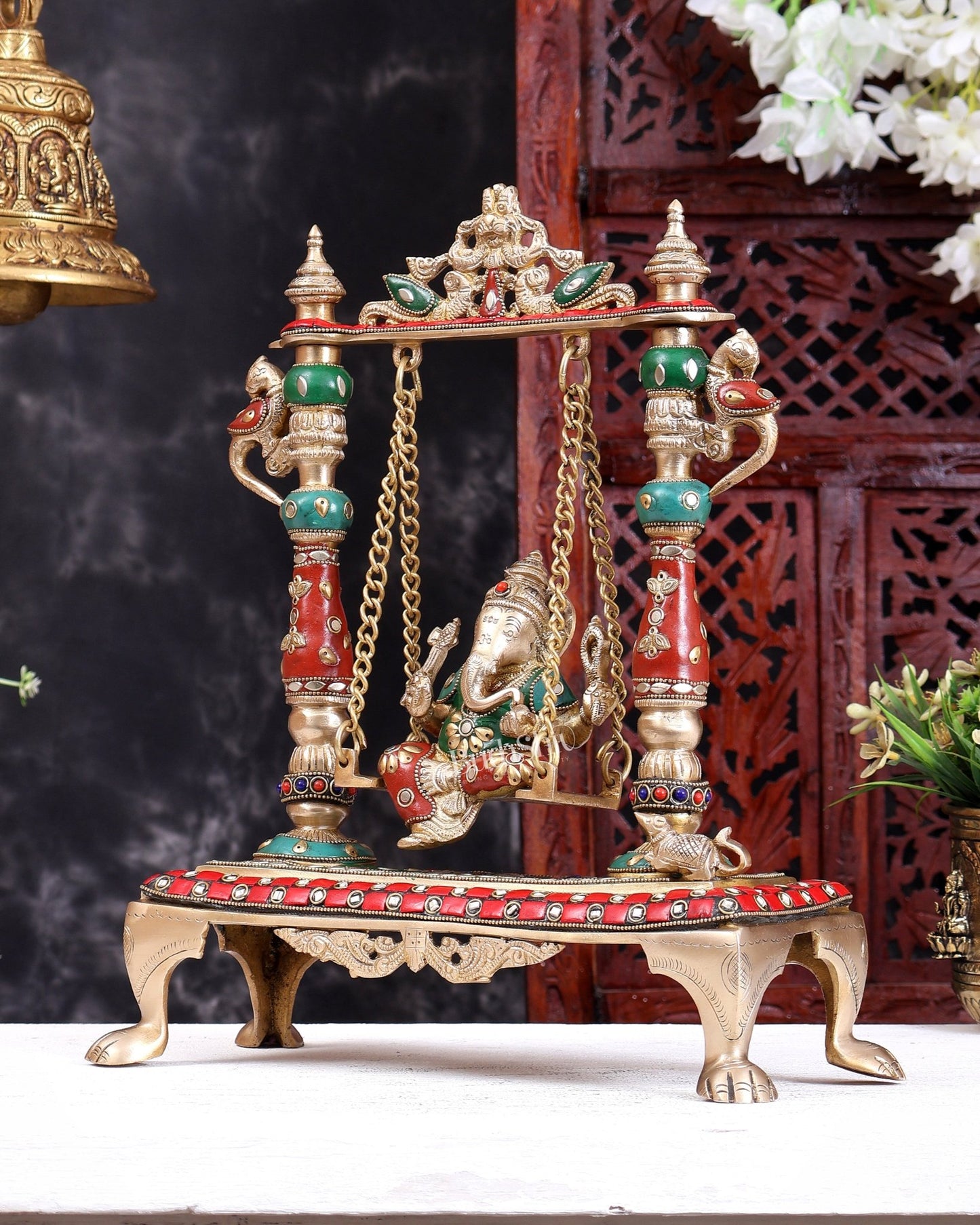 Pure Brass Lord Ganesha Swing (Jhoola) home decor statue 13 inch - Budhshiv.com