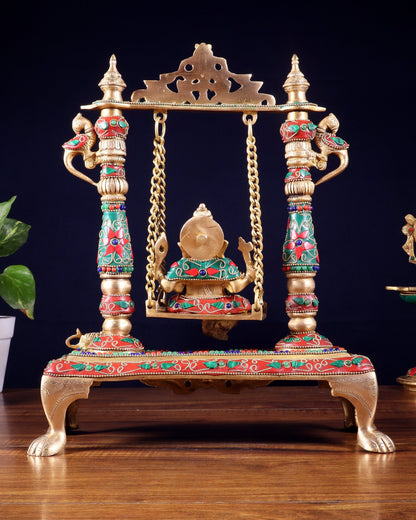 Pure Brass Lord Ganesha Swing (Jhoola) – Traditional Décor for Home & Pooja 13 inch - Budhshiv.com
