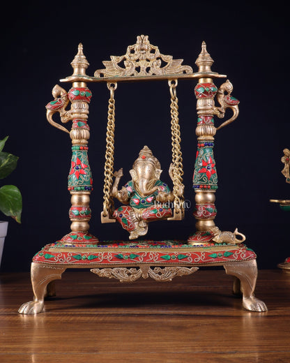 Pure Brass Lord Ganesha Swing (Jhoola) – Traditional Décor for Home & Pooja 13 inch - Budhshiv.com