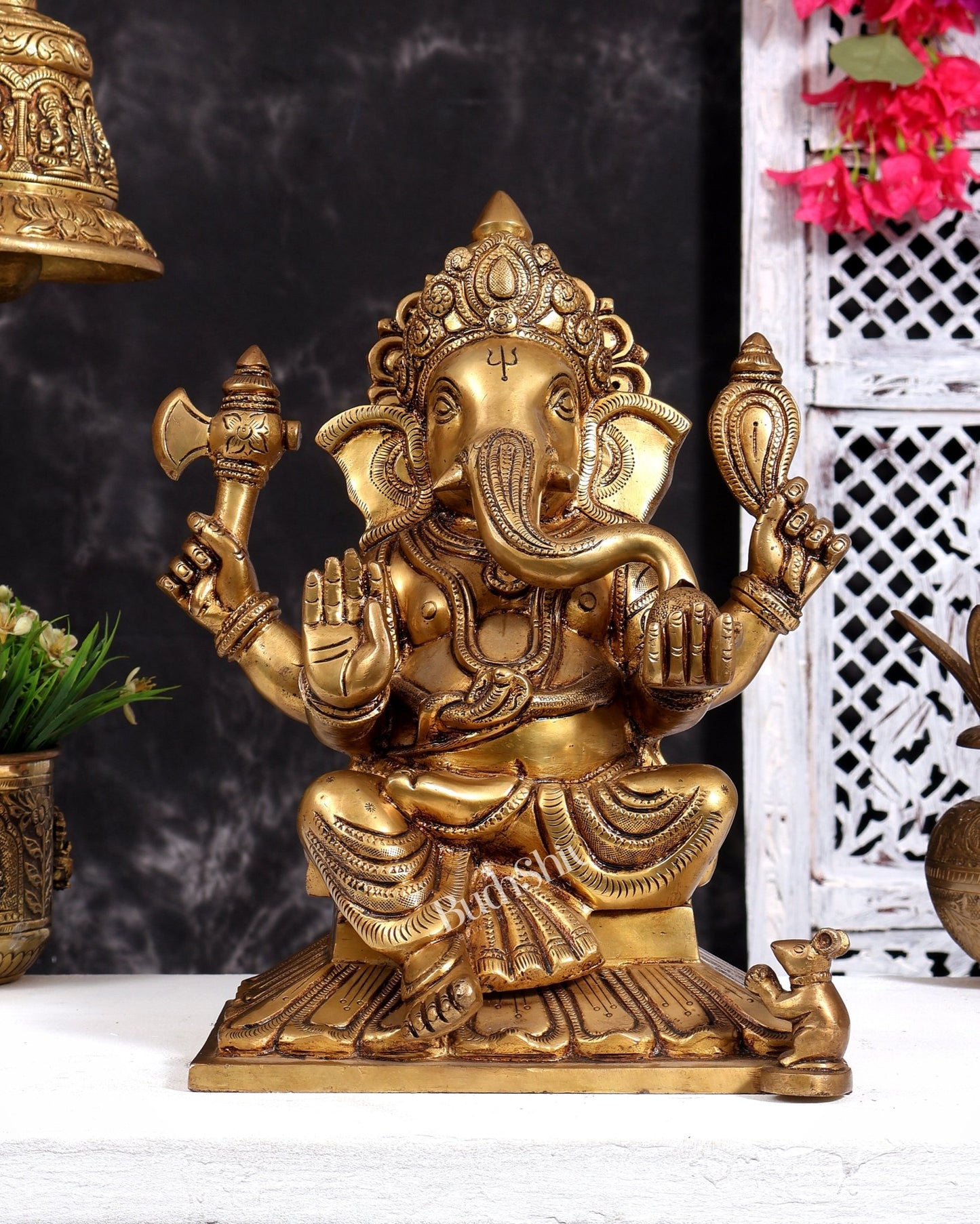 Pure Brass Lord Ganesha Unique Statue with Fine Carvings 11.5 inch - Budhshiv.com