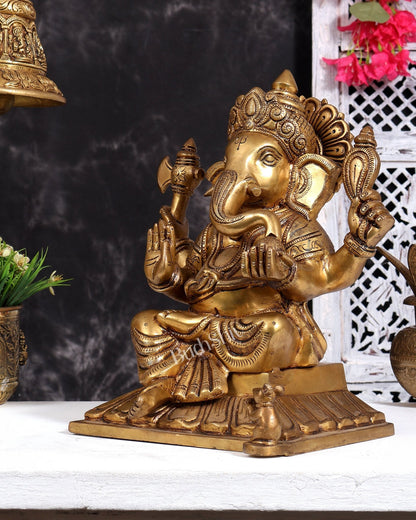 Pure Brass Lord Ganesha Unique Statue with Fine Carvings 11.5 inch - Budhshiv.com