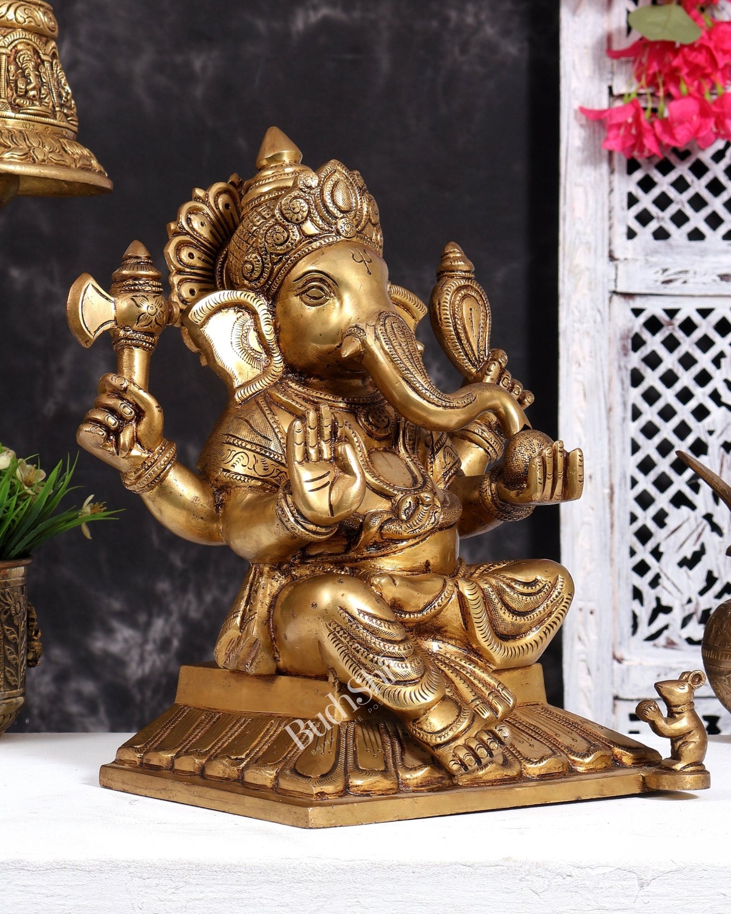 Pure Brass Lord Ganesha Unique Statue with Fine Carvings 11.5 inch - Budhshiv.com