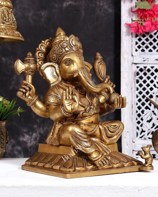 Pure Brass Lord Ganesha Unique Statue with Fine Carvings 11.5 inch - Budhshiv.com