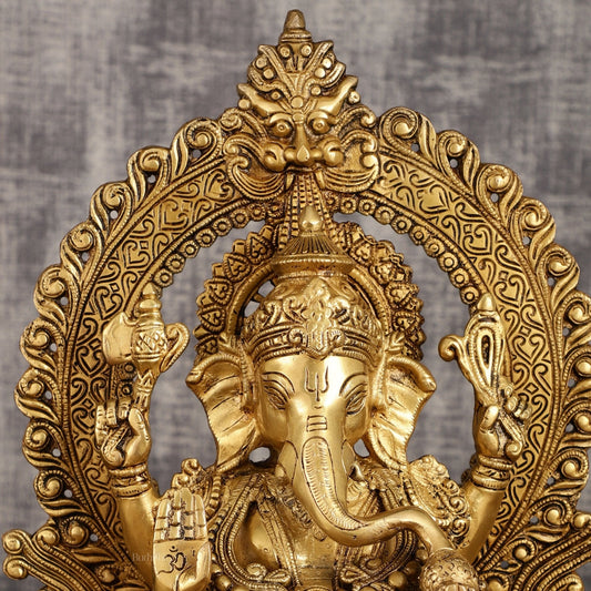 Pure Brass Lord Ganesha with Kirtimukha Prabhavali Aura | 15.5 Inch - Budhshiv.com