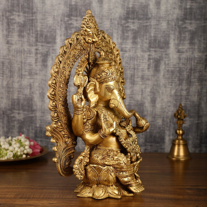 Pure Brass Lord Ganesha with Kirtimukha Prabhavali Aura | 15.5 Inch - Budhshiv.com