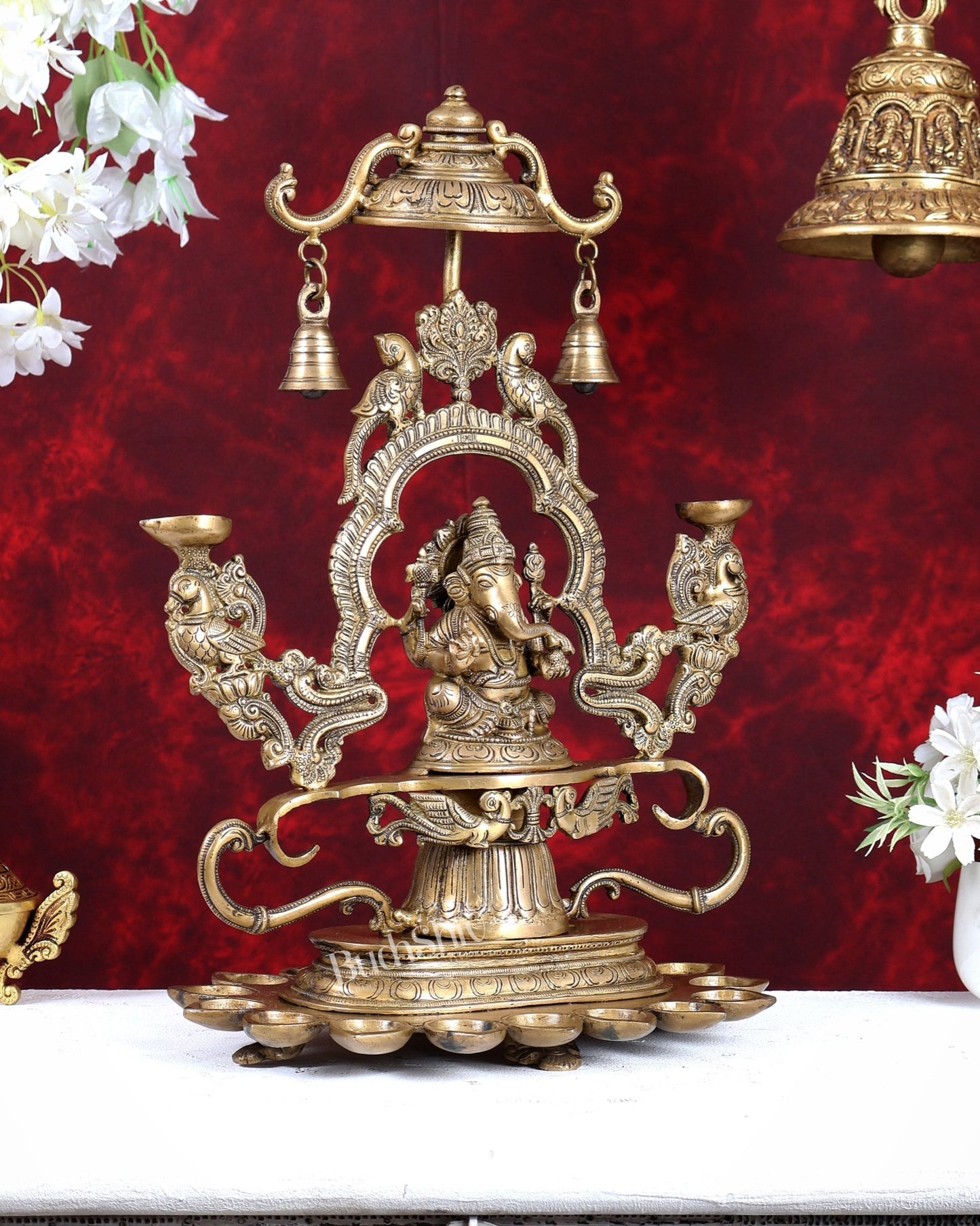 Pure Brass Lord Ganesha with multiple diyas oil lamps large - Budhshiv.com