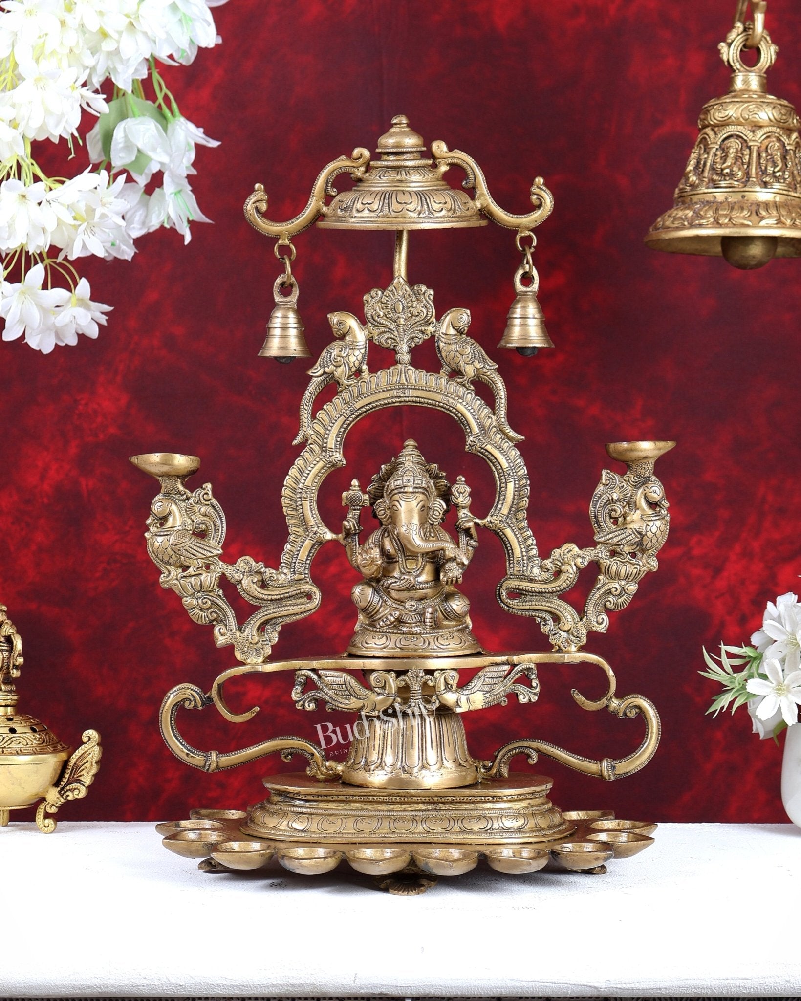 Pure Brass Lord Ganesha with multiple diyas oil lamps large - Budhshiv.com