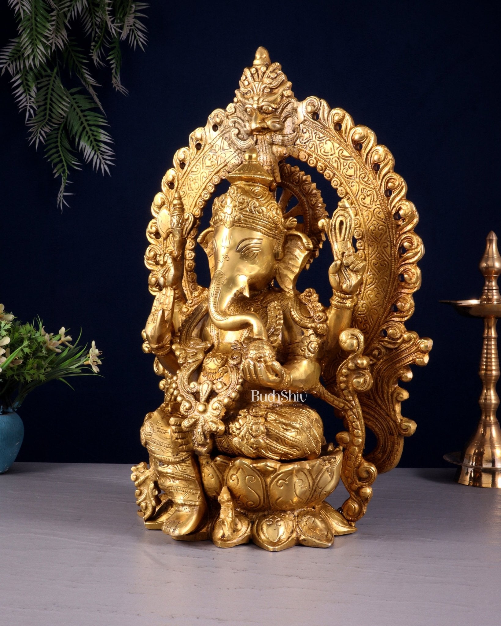 Pure Brass Lord Ganesha with Prabhavali Arch Statue – Fine Quality 15 inch - Budhshiv.com