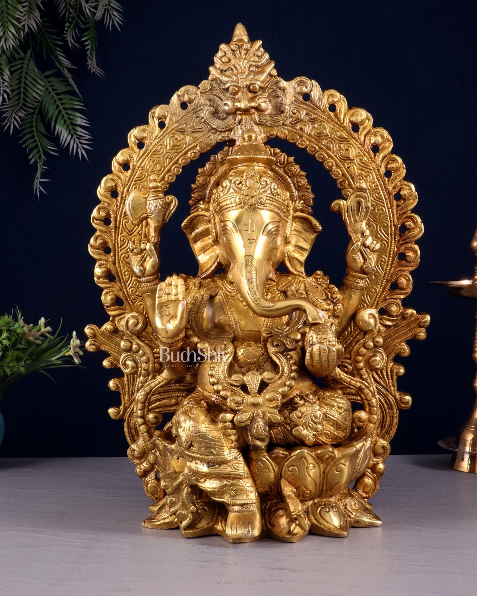 Pure Brass Lord Ganesha with Prabhavali Arch Statue – Fine Quality 15 inch - Budhshiv.com