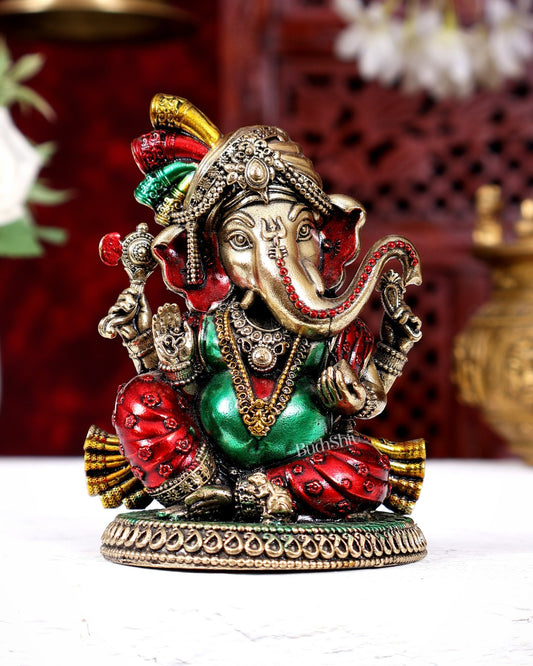 Pure Brass Lord Ganesha with Turban – Superfine Idol, 4 Inch hand-painted - Budhshiv.com