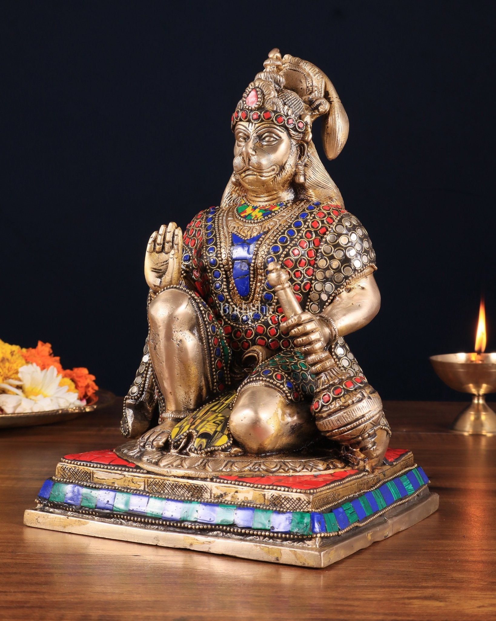 Pure Brass Lord Hanuman blessing Idol 10" with stonework - Budhshiv.com