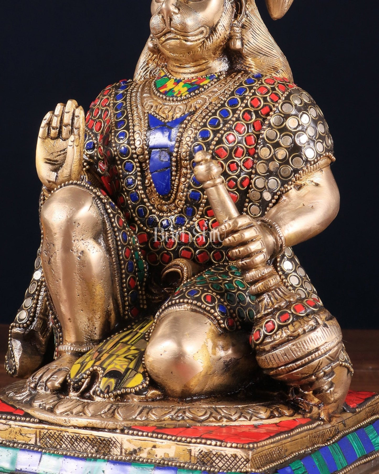 Pure Brass Lord Hanuman blessing Idol 10" with stonework - Budhshiv.com