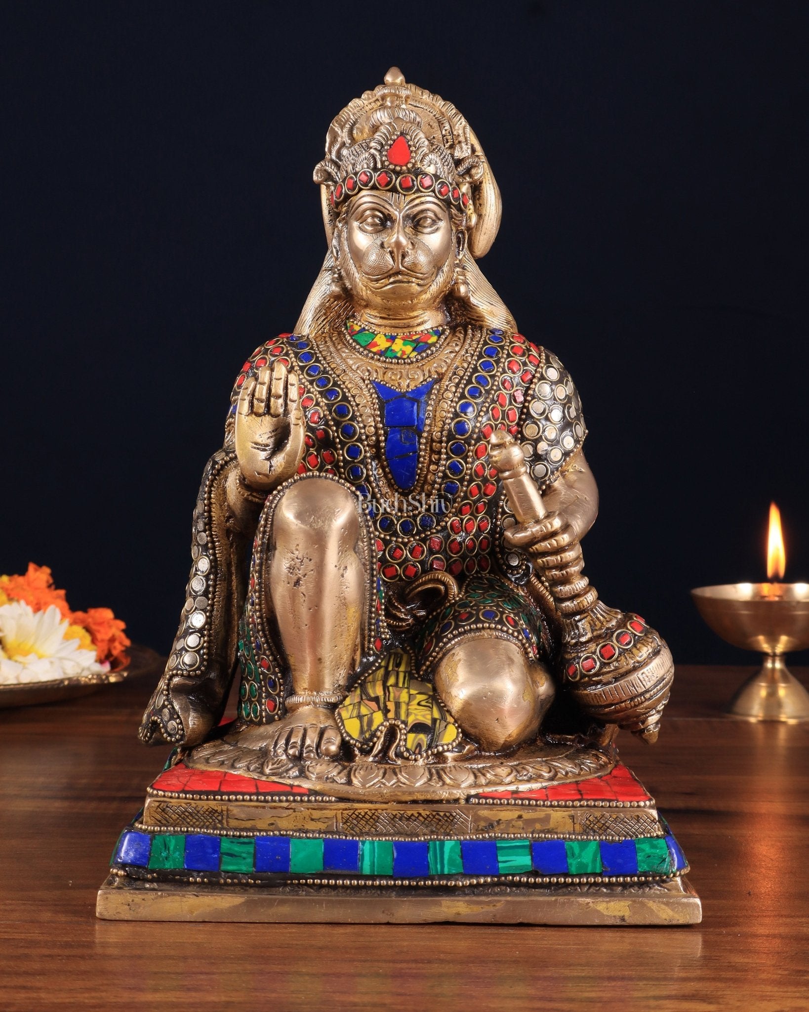 Pure Brass Lord Hanuman blessing Idol 10" with stonework - Budhshiv.com