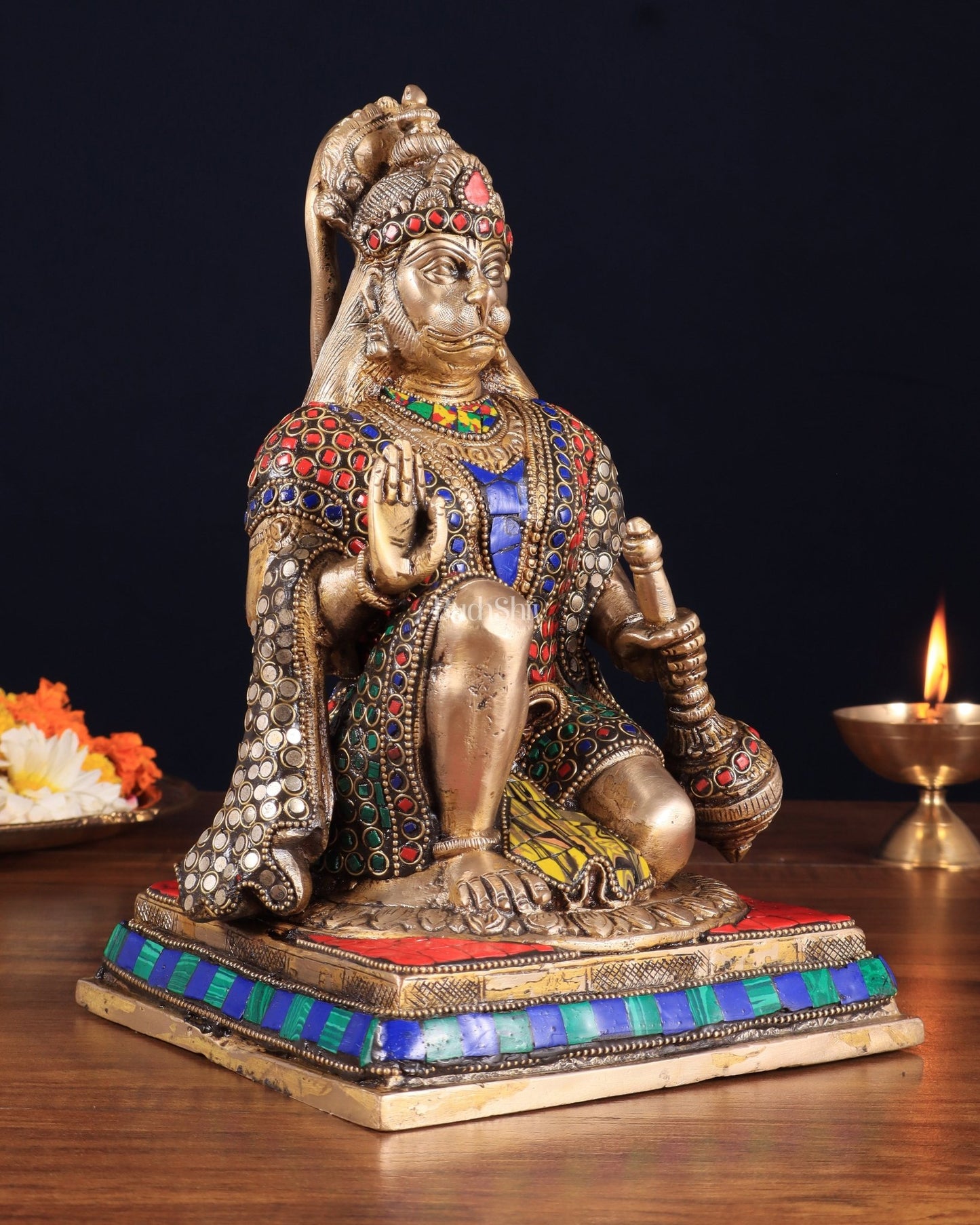 Pure Brass Lord Hanuman blessing Idol 10" with stonework - Budhshiv.com