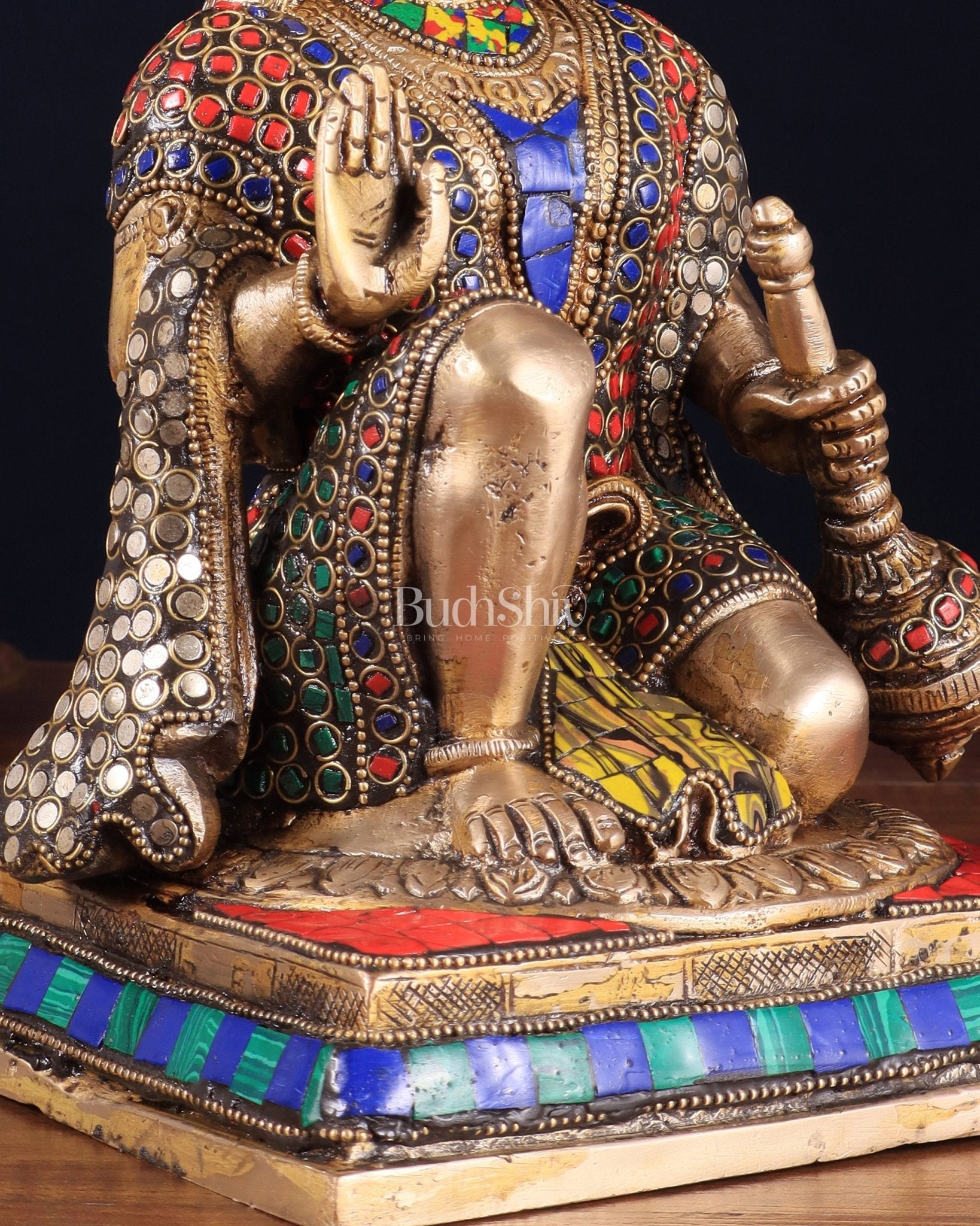 Pure Brass Lord Hanuman blessing Idol 10" with stonework - Budhshiv.com