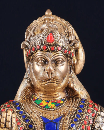 Pure Brass Lord Hanuman blessing Idol 10" with stonework - Budhshiv.com