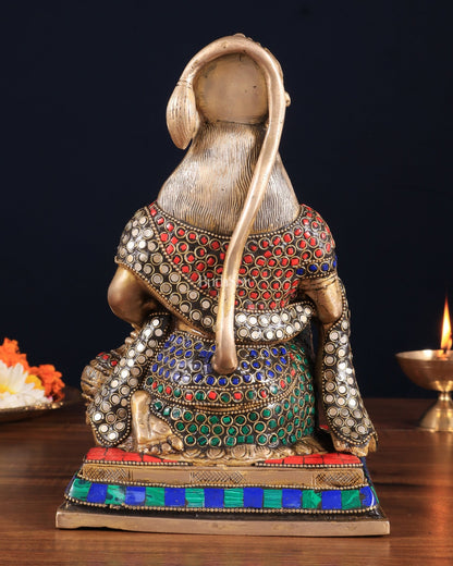 Pure Brass Lord Hanuman blessing Idol 10" with stonework - Budhshiv.com