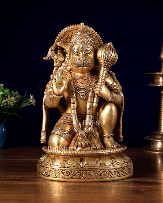 Pure Brass Lord Hanuman Blessing Statue – Superfine Carvings 10.5 inch - Budhshiv.com