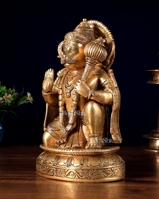 Pure Brass Lord Hanuman Blessing Statue – Superfine Carvings 10.5 inch - Budhshiv.com