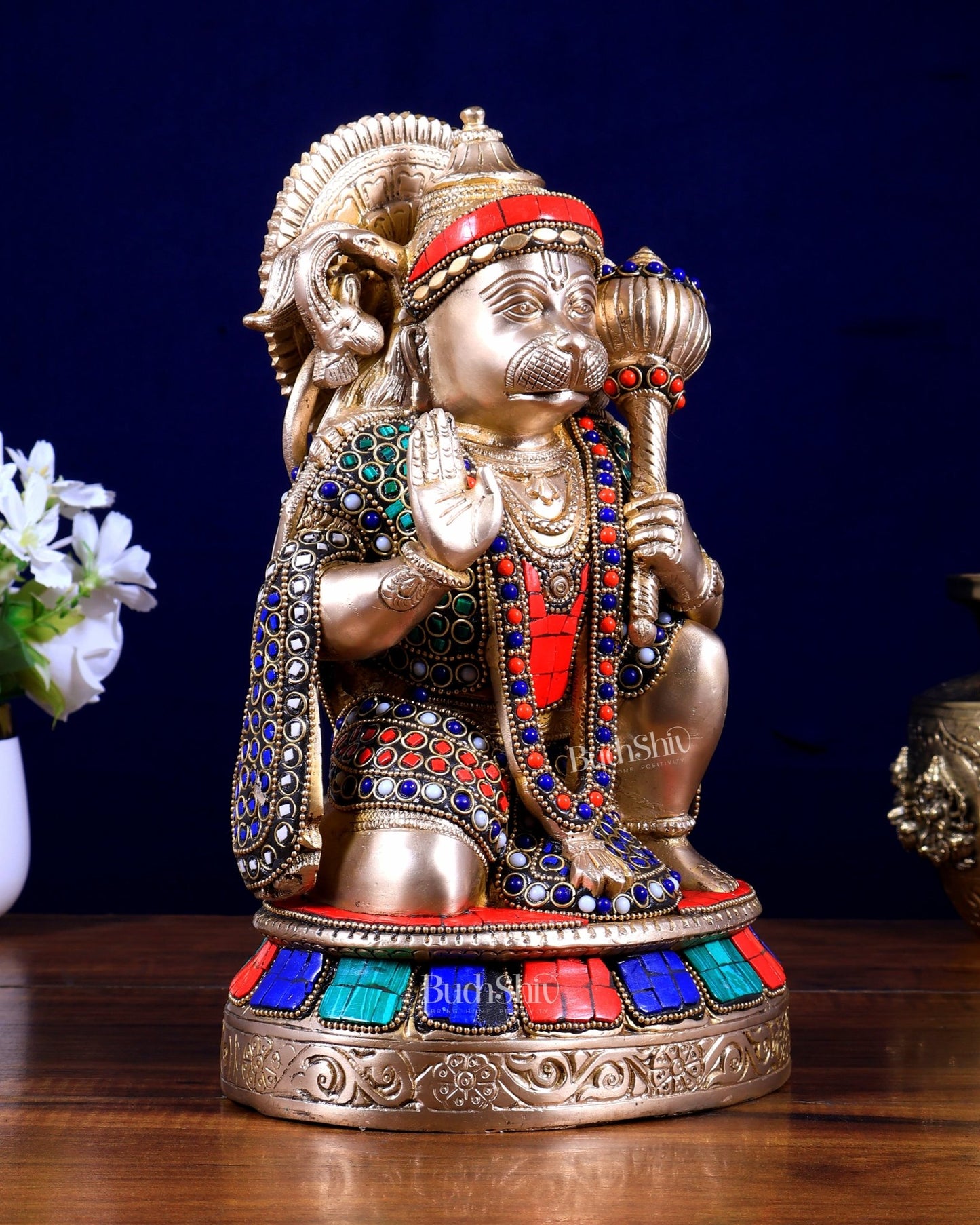 Pure Brass Lord Hanuman Blessing Statue – with stonework 10.5 inch - Budhshiv.com