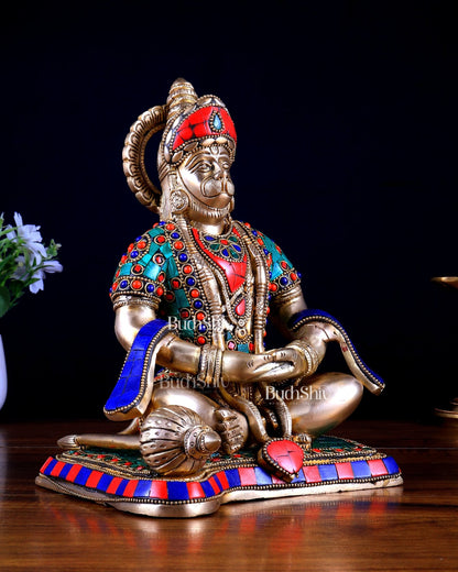 Pure Brass Lord Hanuman in Meditation – Meenakari Stonework (9.3 Inches) - Budhshiv.com