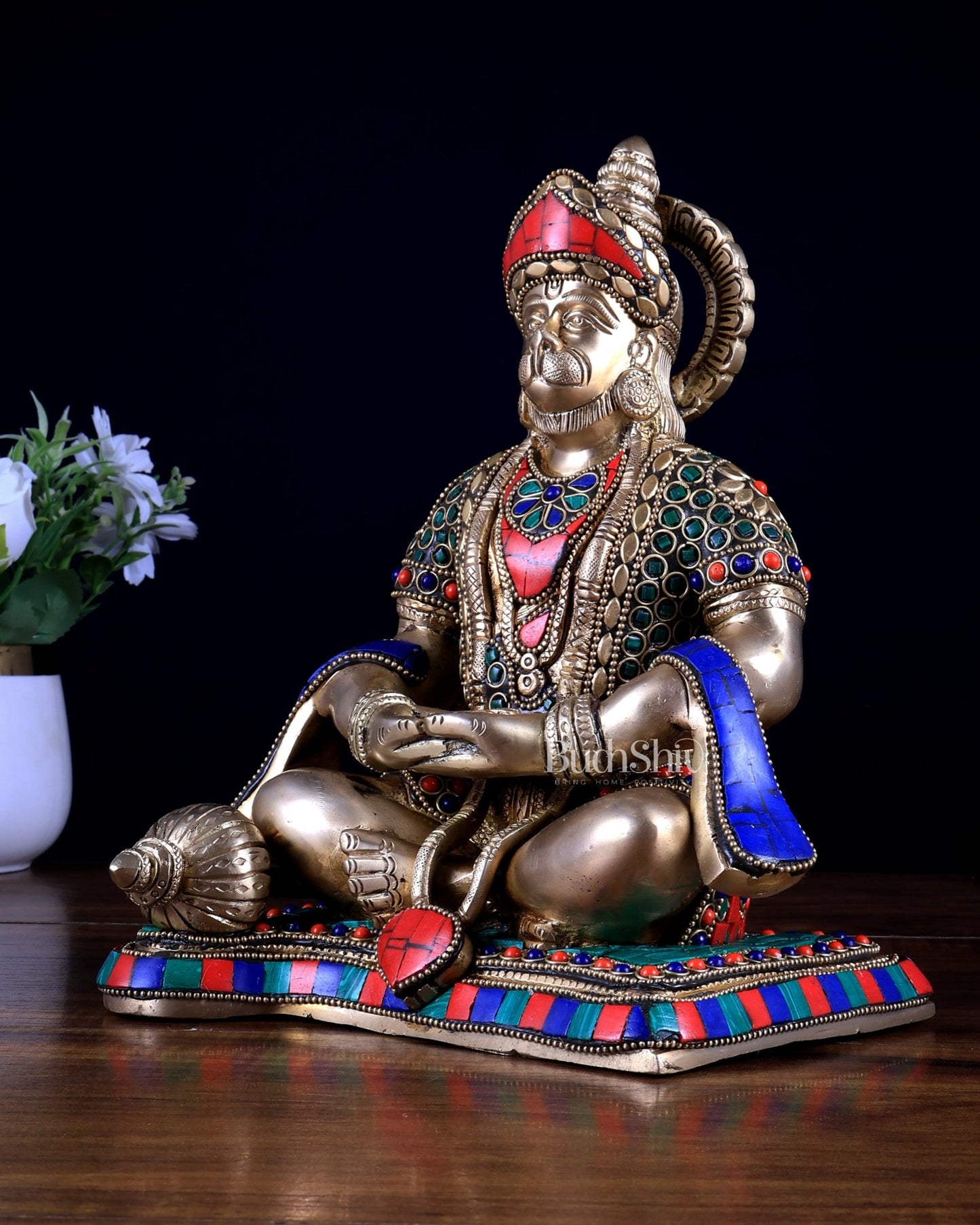 Pure Brass Lord Hanuman in Meditation – Meenakari Stonework (9.3 Inches) - Budhshiv.com