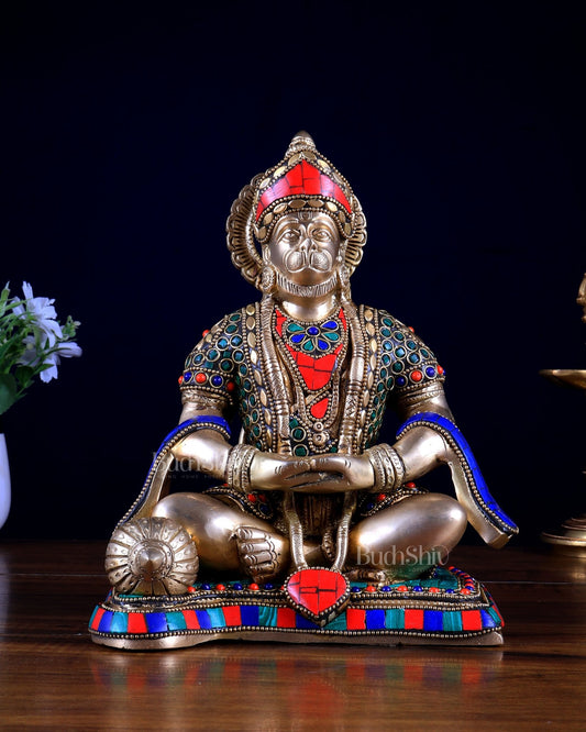Pure Brass Lord Hanuman in Meditation – Meenakari Stonework (9.3 Inches) - Budhshiv.com