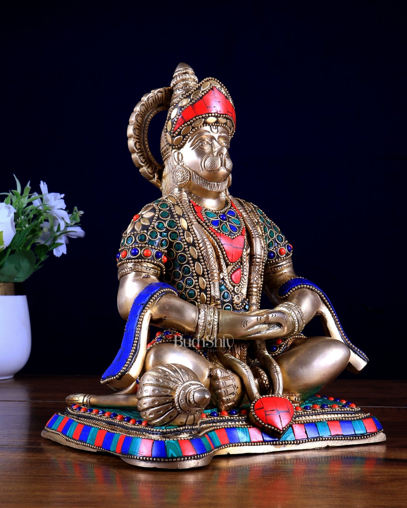 Pure Brass Lord Hanuman in Meditation – Meenakari Stonework (9.3 Inches) - Budhshiv.com