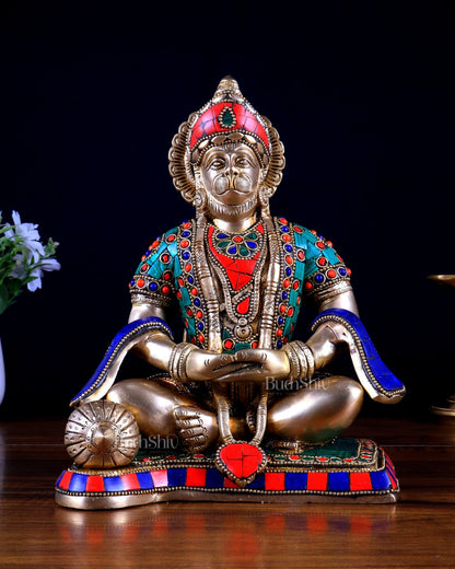 Pure Brass Lord Hanuman in Meditation – Meenakari Stonework (9.3 Inches) - Budhshiv.com