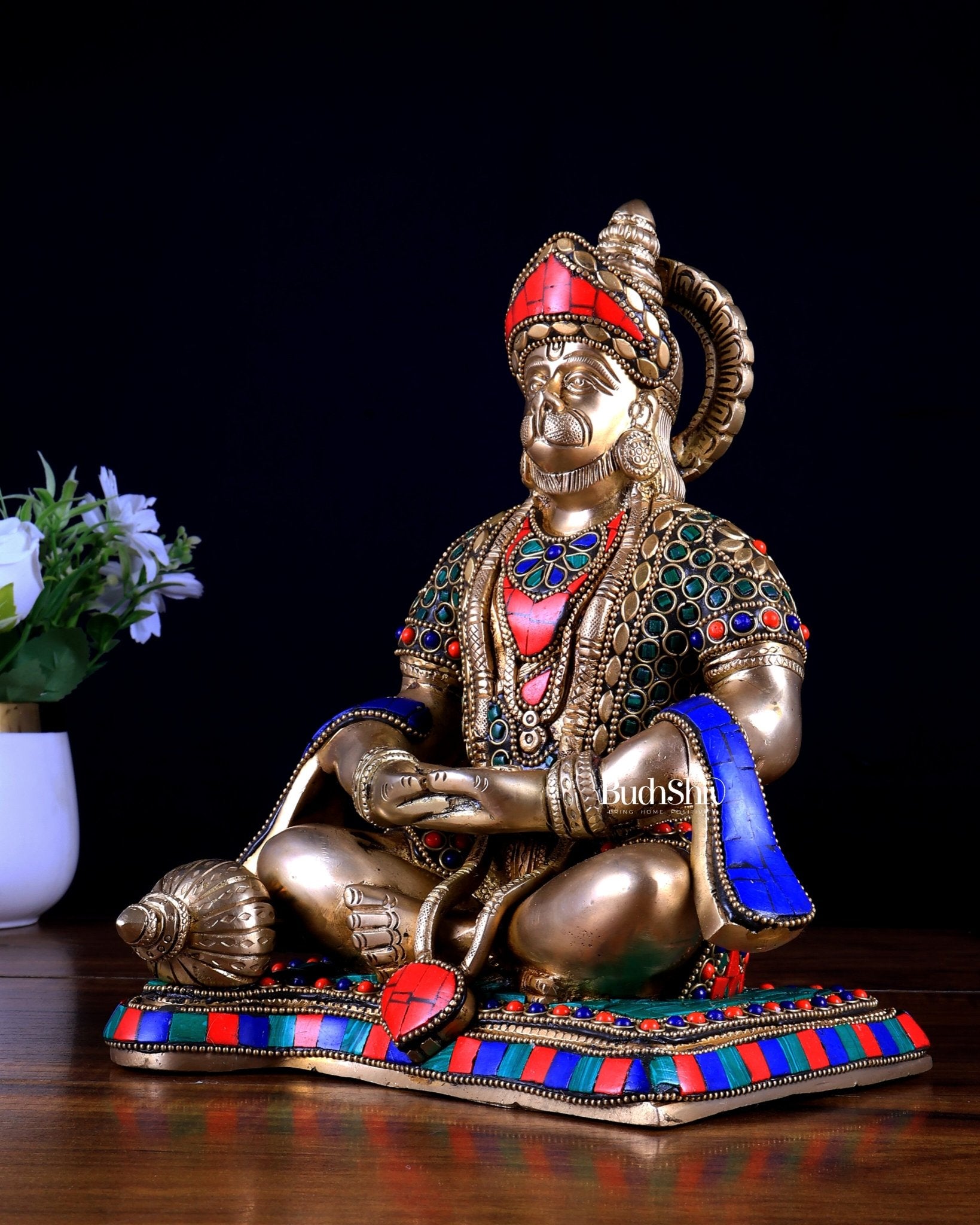 Pure Brass Lord Hanuman in Meditation – Meenakari Stonework (9.3 Inches) - Budhshiv.com