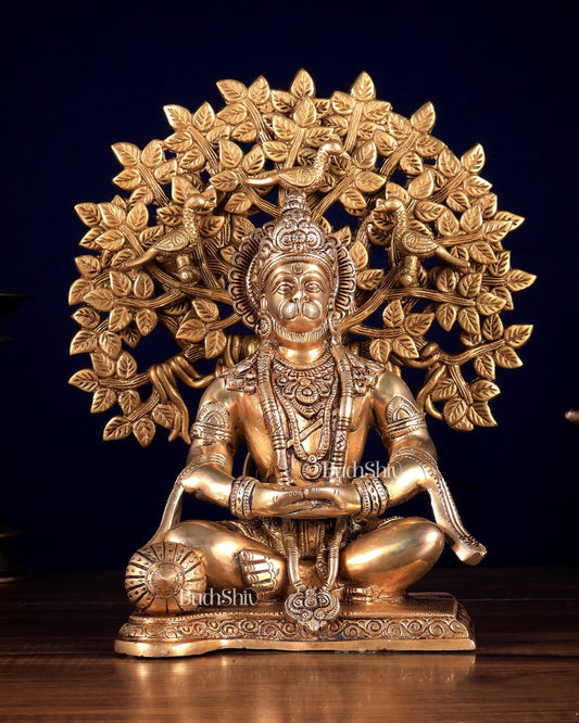 Pure Brass Lord Hanuman in Meditation with Kalpavriksha Tree | Superfine Detailing 12 inch - Budhshiv.com