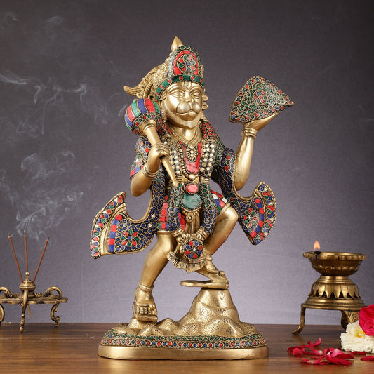 Pure Brass Lord Hanuman Sanjeevani Mountain Statue with Stonework - 15 inch - Budhshiv.com