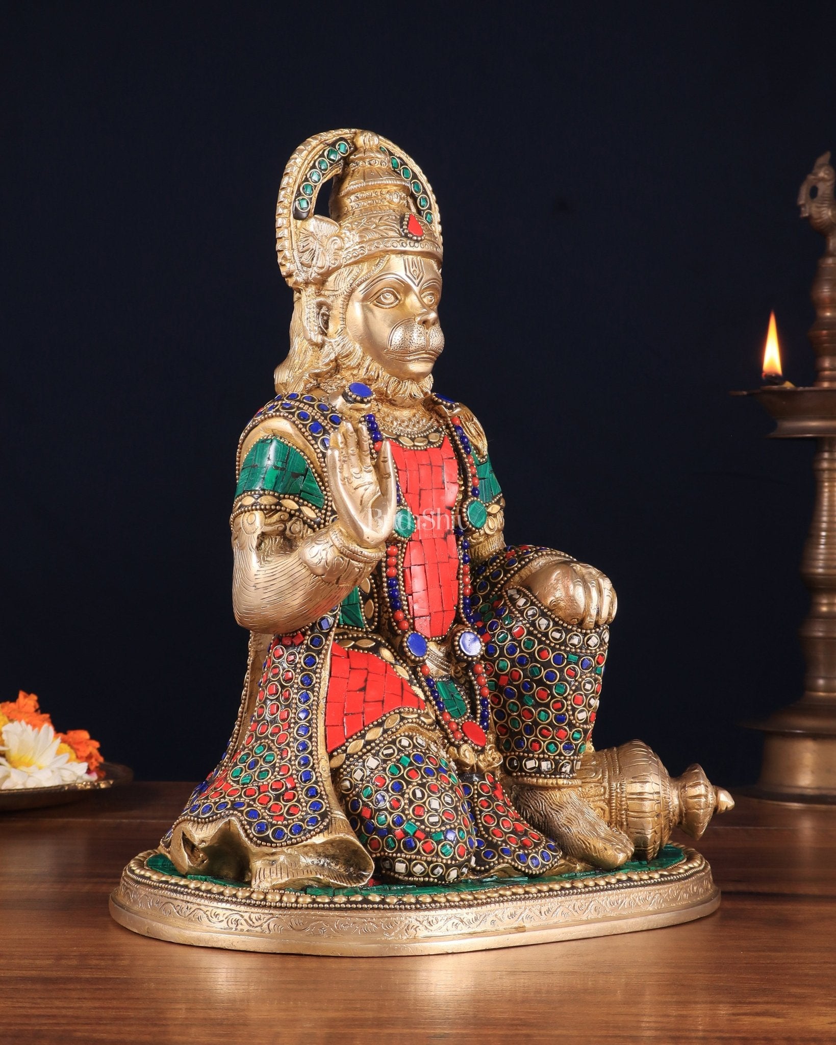 Pure Brass Lord Hanuman Statue - 13.5 - Inch with stonework - Budhshiv.com