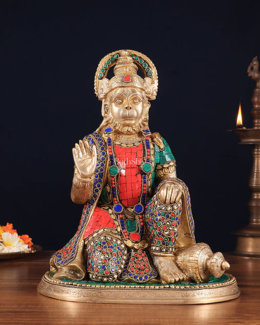 Pure Brass Lord Hanuman Statue - 13.5 - Inch with stonework - Budhshiv.com