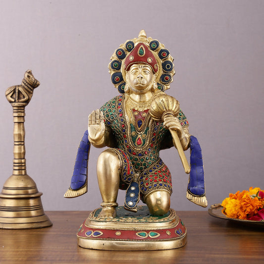 Pure Brass Lord Hanuman Statue with Crushed Stone Meenakari – 12 inch - Budhshiv.com