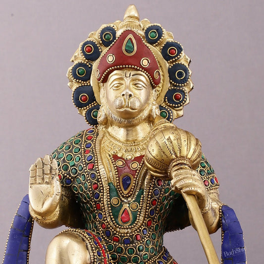 Pure Brass Lord Hanuman Statue with Crushed Stone Meenakari – 12 inch - Budhshiv.com