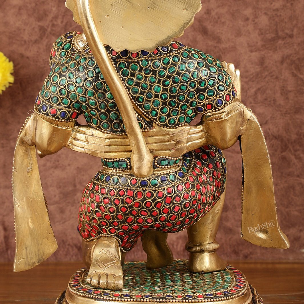 Pure Brass Lord Hanuman Statue with Stonework - 12" - Budhshiv.com