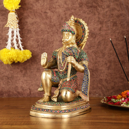 Pure Brass Lord Hanuman Statue with Stonework - 12" - Budhshiv.com