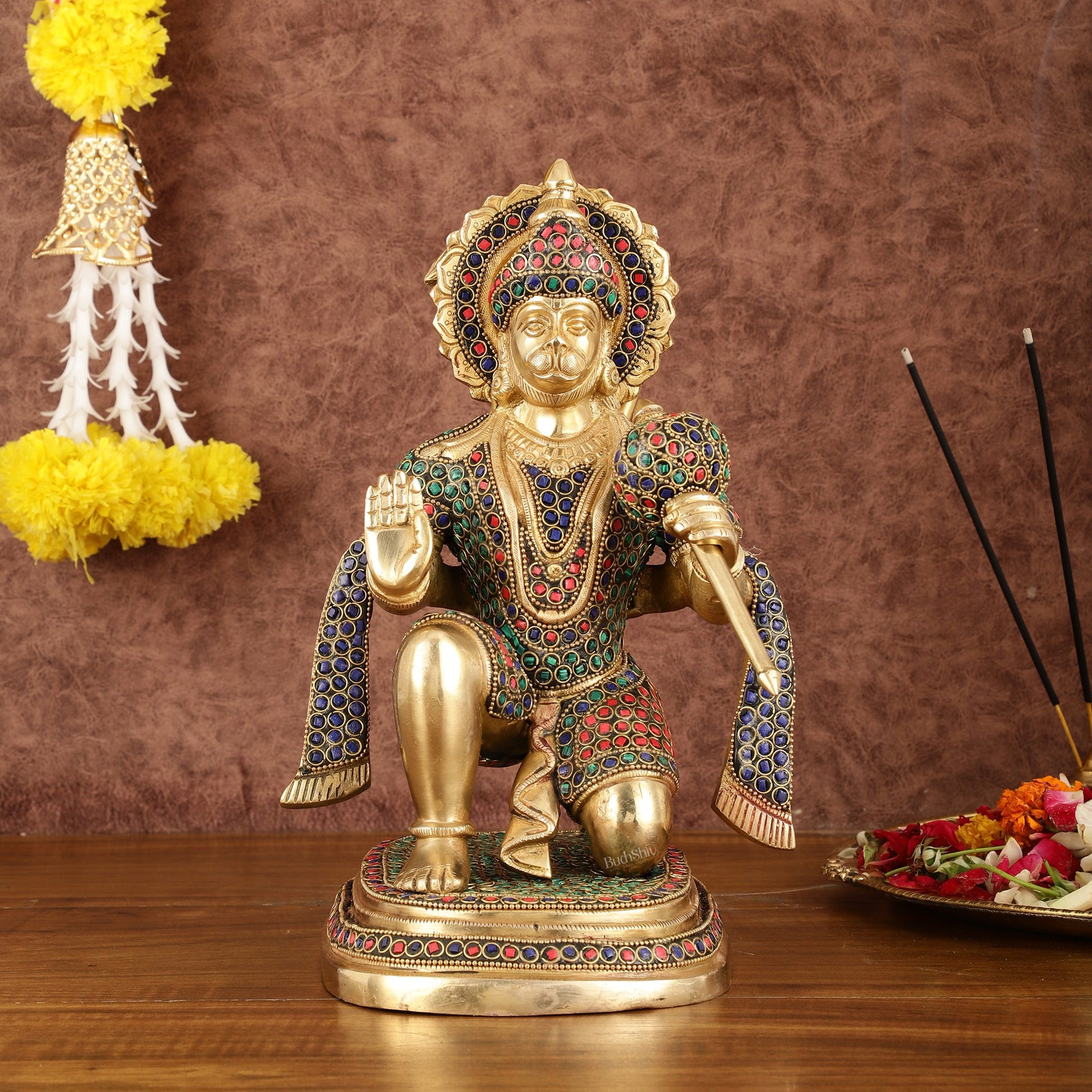 Pure Brass Lord Hanuman Statue with Stonework - 12" - Budhshiv.com