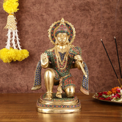 Pure Brass Lord Hanuman Statue with Stonework - 12" - Budhshiv.com