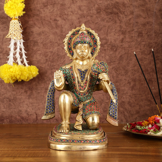 Pure Brass Lord Hanuman Statue with Stonework - 12" - Budhshiv.com