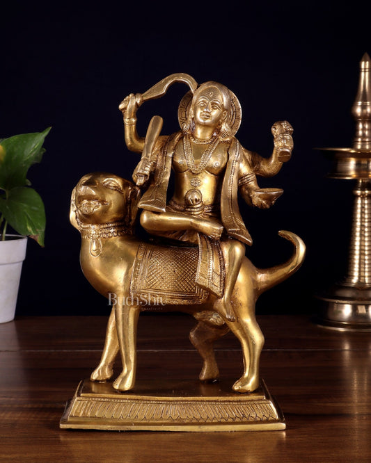 Pure Brass Lord Kaal Bhairava Sitting on Dog Vahana - 9.75" - Budhshiv.com
