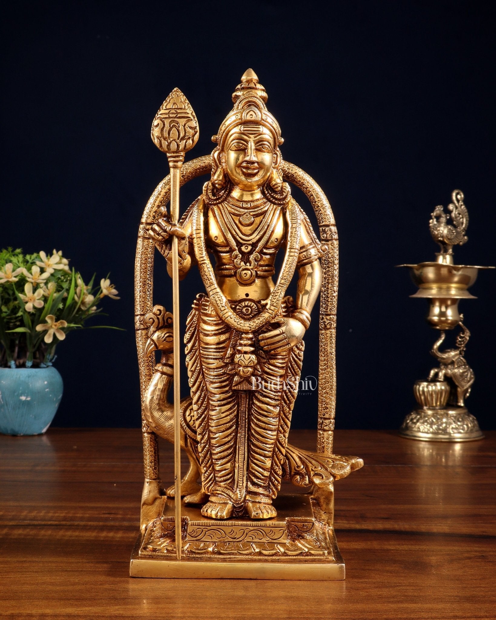 Pure Brass Lord Kartikeya Murugan Swamy Idol 9" - Budhshiv.com